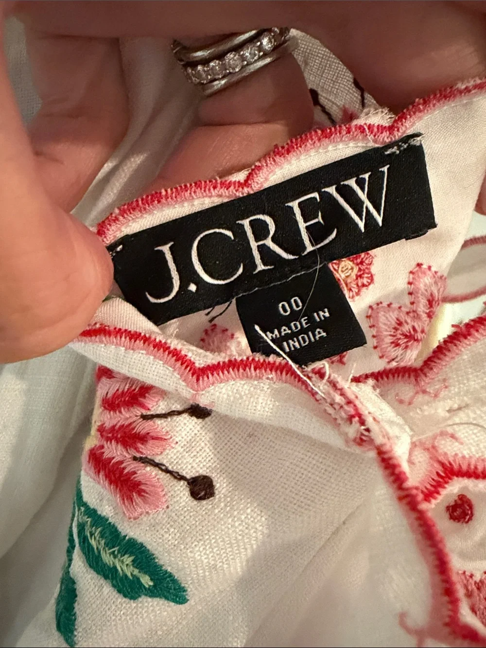 J. Crew White Sleeveless Embroidered linen Slip Dress with Pink Floral Trim